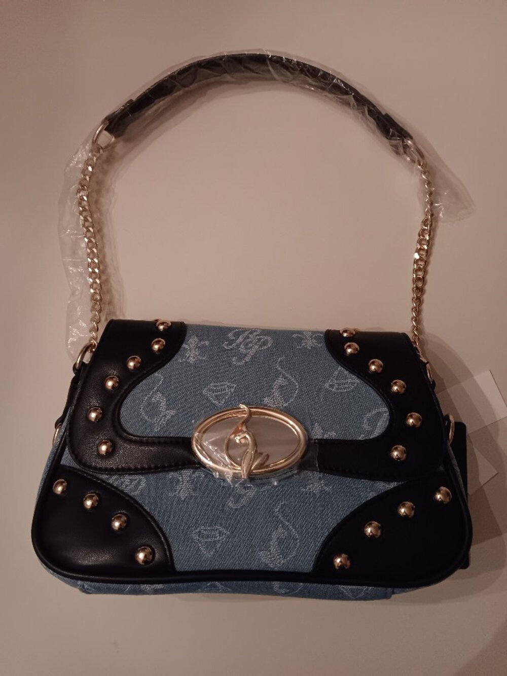 Baby Phat Y2K Denim Studded Shoulder Bag Gold Chain NWT
